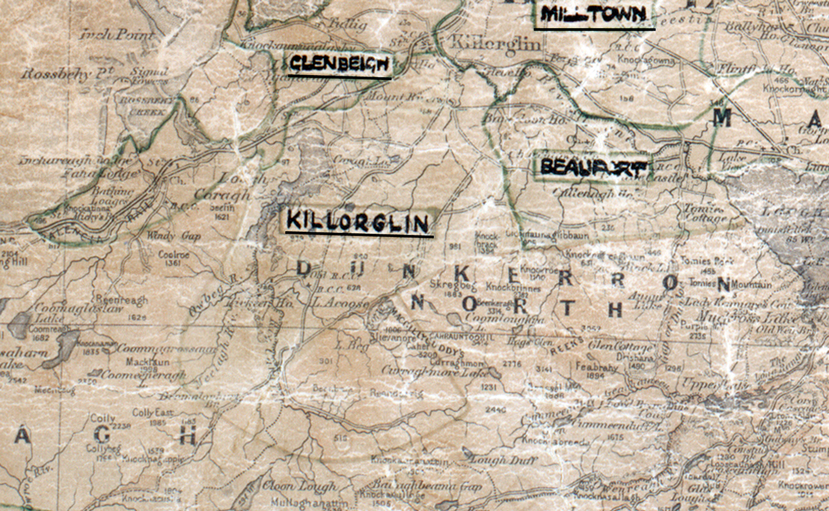 A scanned, worn historical map from the 1940s of the  rural electrification area around Killorglin. A hand‑drawn boundary outlines the region, including Glenbeigh, Milltown and Beaufort.