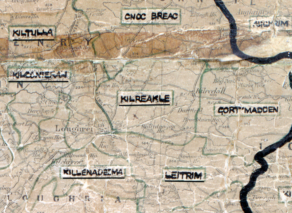 A scanned, worn historical map from the 1940s of the rural electrification area around&nbsp;Kilrickle. A hand‑drawn boundary outlines the region, including Kiltullagh, Cnoc Breac, Achram, Killenadema, Gortymadden, and Leitrim.