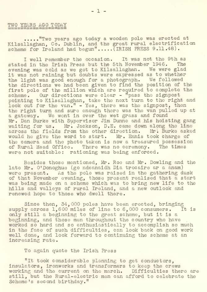 Article marking the second anniversary of the Rural Electrification Scheme, describing the erection of the first electricity pole at Kilsallaghan and the progress made since then.