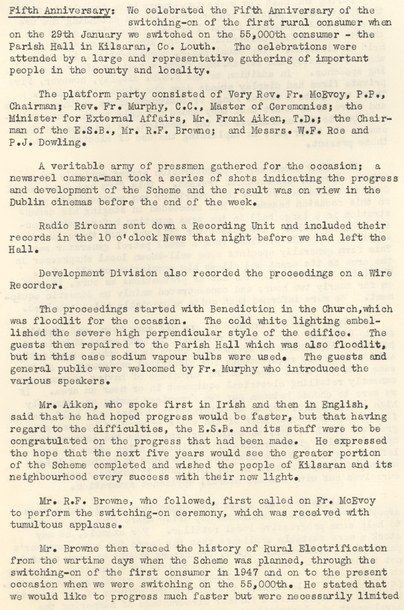 Article describing celebrations marking the fifth anniversary of the first rural electricity connection and the switching-on of the 55,000th consumer.