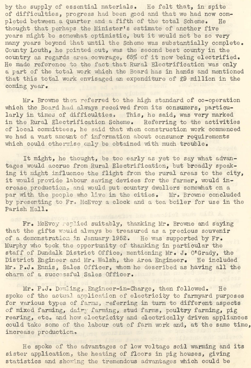 Continuation of article describing speeches delivered during celebrations marking the fifth anniversary of the first rural electricity connection and the connection of the 55,000th consumer.