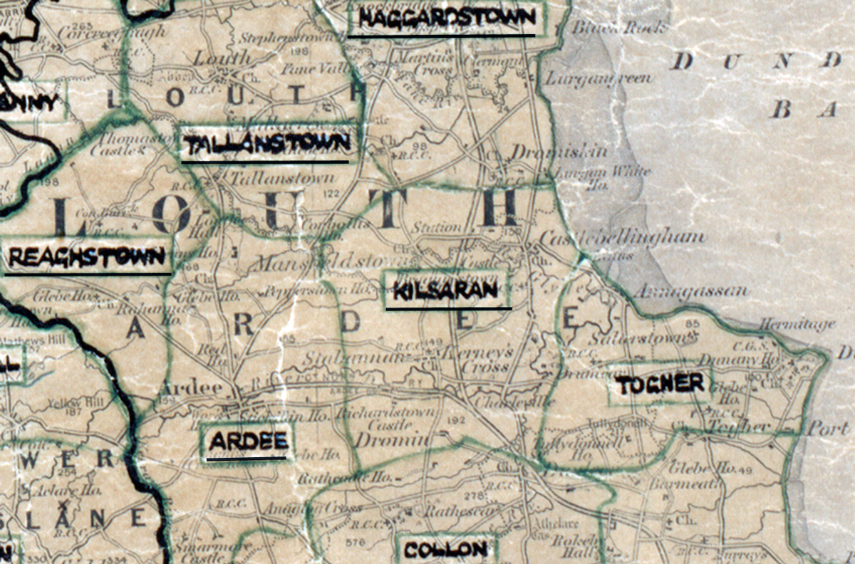 Map extract showing rural electrification areas in County Louth, including Haggardstown, Tallanstown, Kilsaran, Ardee and Togher.
