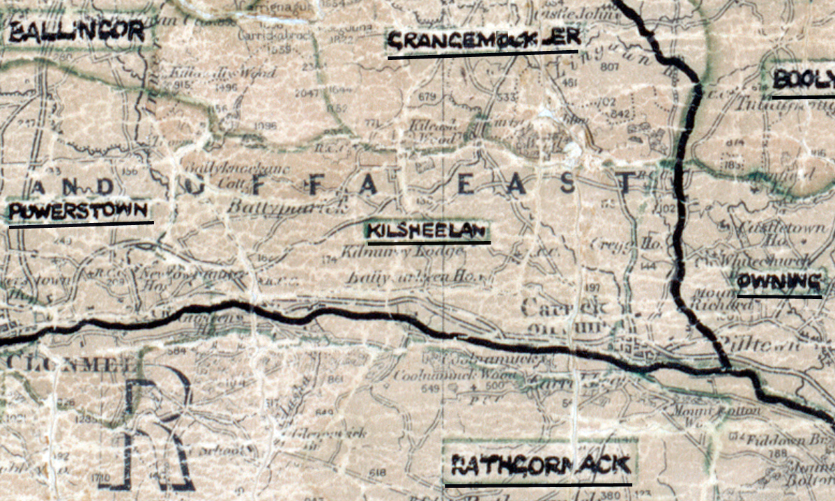 A scanned, worn historical map from the 1940s of the rural electrification area around Kilsheelan. A hand‑drawn boundary outlines the region, including Ballingarry, Powerstown, Rathgormack, and Clonmel.