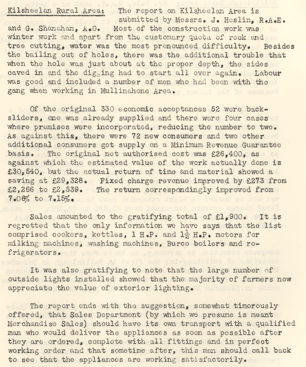 A scanned page from the ESB REO magazine about the Kilsheelan Rural Area