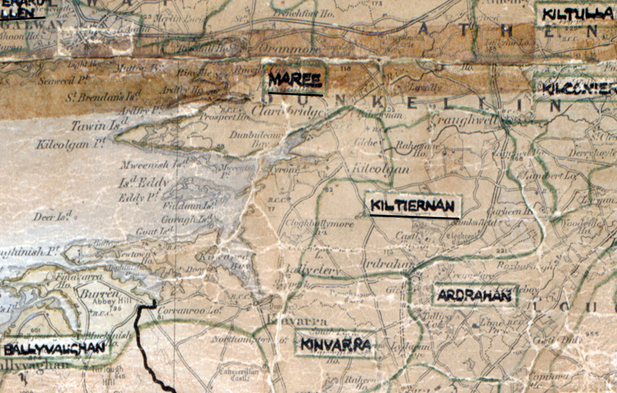 A scanned, worn historical map from the 1940s of the rural electrification area around Kiltiernan. A hand‑drawn boundary outlines the region, including Maree, Ardrahan, Kinvara, Ballyvaughan, and Kilcolgan.