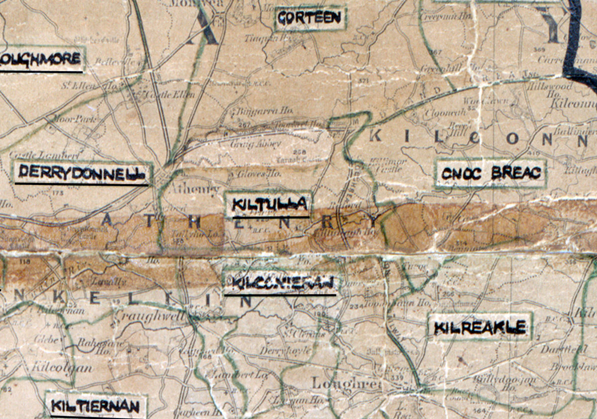A scanned, worn historical map from the 1940s of the rural electrification area around Kiltulla. A hand‑drawn boundary outlines the region, including Gorteen, Derrydonnell, Kiltiernan, Kilreacle, and Cnoc Breac.