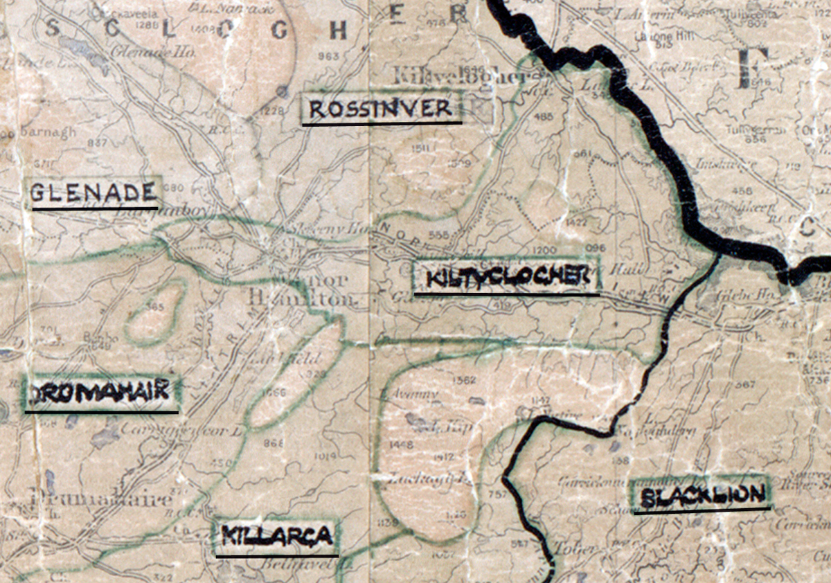 A scanned, worn historical map from the 1940s of the rural electrification area around Kiltyclogher. A hand‑drawn boundary outlines the region, including Rossinver, Glenade, Dromahair, Killarga, and Blacklion.