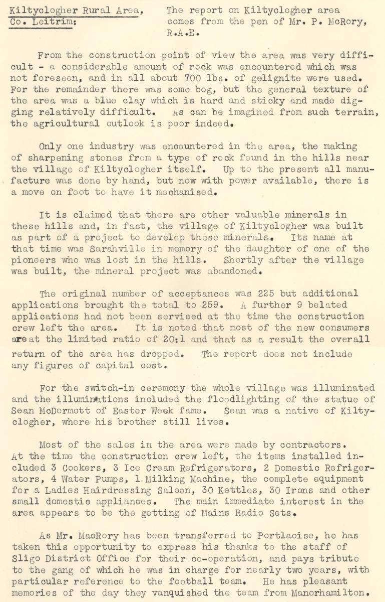 A scanned page from the ESB REO magazine about the Kiltyclogher Rural Area