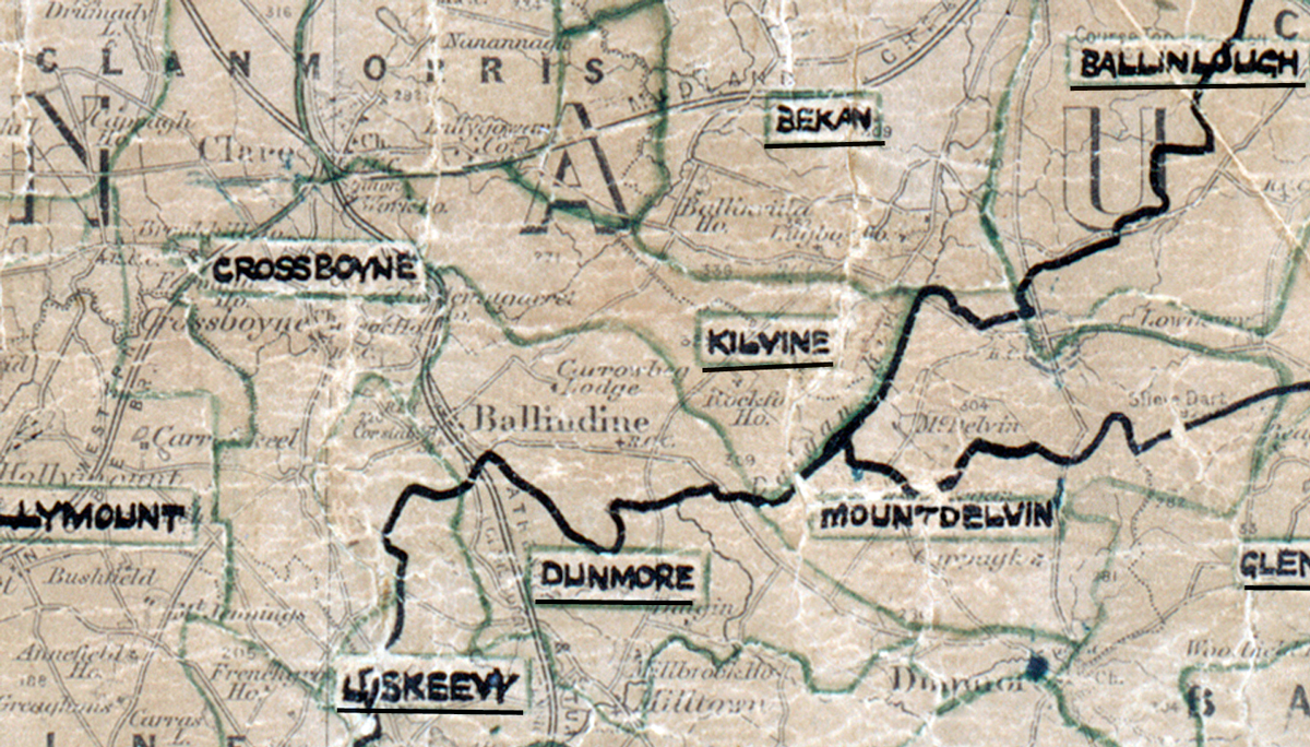 A scanned, worn historical map from the 1940s of the rural electrification area around Kilvine. A hand‑drawn boundary outlines the region, including Crossboyne, Kilyine, Bekan, Dunmore, Mountdelvin, Liskeevy, and Hollymount.