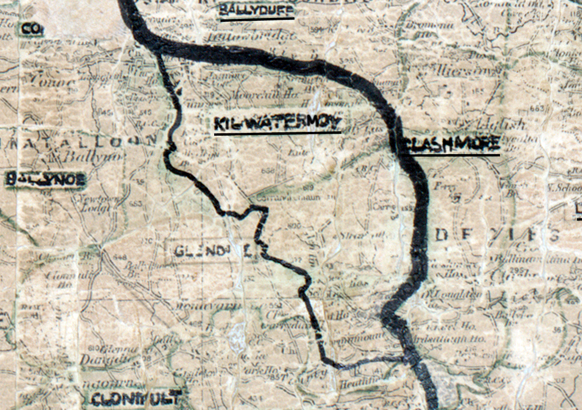 A scanned, worn historical map from the 1940s of the rural electrification area around Kilwatermoy. A hand‑drawn boundary outlines the region, including Ballyduff, Bashmore, Glendine, Ballyknock, and Clondagh.