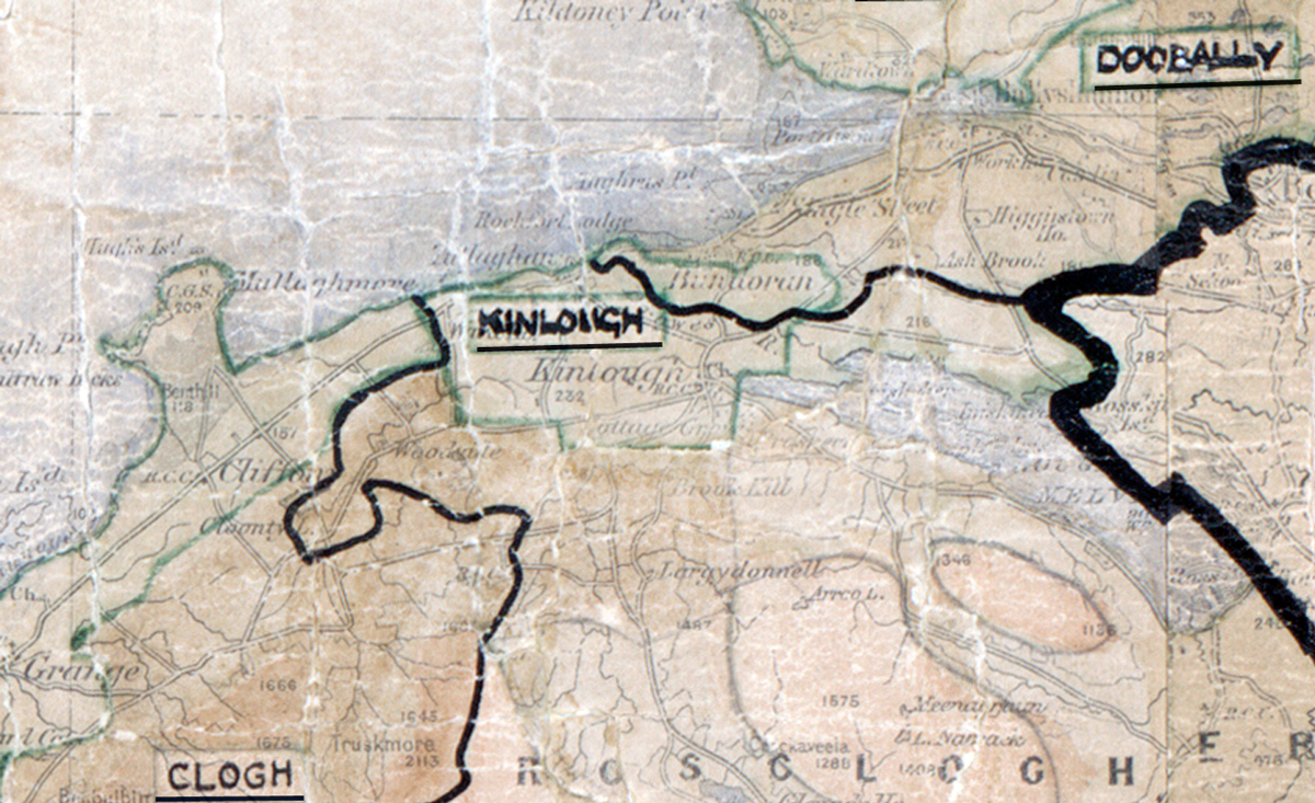 A scanned, worn historical map from the 1940s of the rural electrification area around&nbsp;Kinlough. A hand‑drawn boundary outlines the region, including  Clogh, and Doonally.
