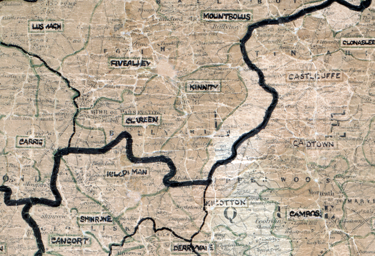 A scanned, worn historical map from the 1940s of the rural electrification area around Kinnitty,. A hand‑drawn boundary outlines the region, including Carrig, Lisnachri, Fivealley, Green, Mountbolus, Derrymoy, Shinrone, Cangort, and Kilcolman.