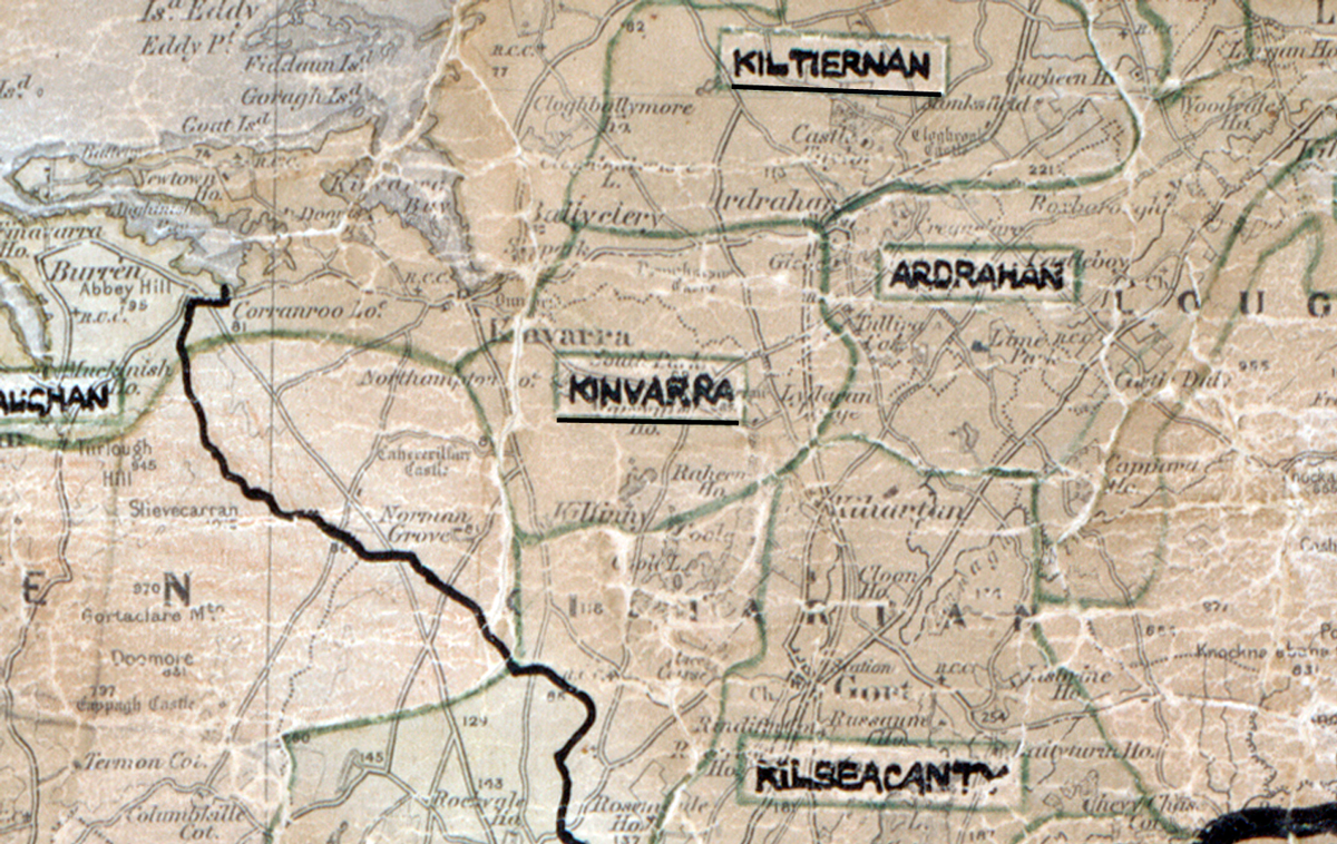 A scanned, worn historical map from the 1940s of the rural electrification area around Kinvara. A hand‑drawn boundary outlines the region, including Ardrahan, Kilternan, Ballynacally, and Carran.
