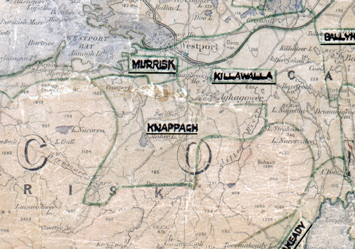 A scanned, worn historical map from the 1940s of the rural electrification area around Knappagh. A hand‑drawn boundary outlines the region, including Murrisk, and Killawalla.