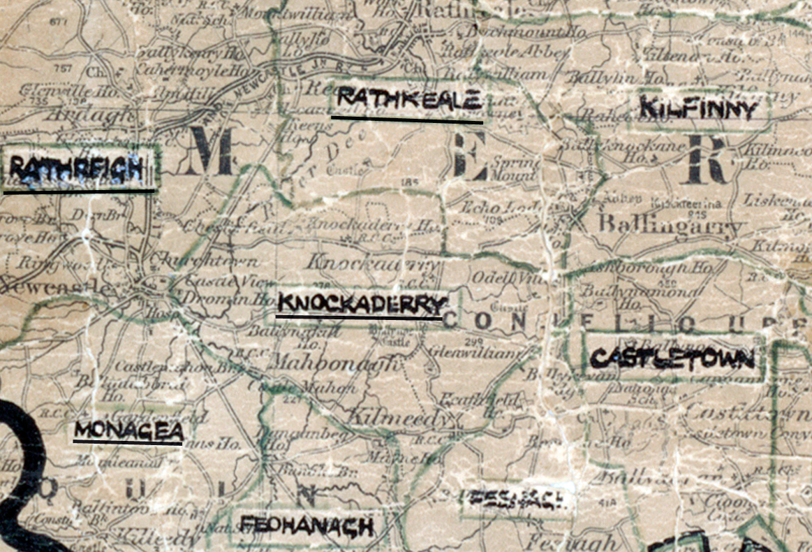 A scanned, worn historical map from the 1940s of the rural electrification area around Knockaderry. A hand‑drawn boundary outlines the region, including Rathkeale, Kilfinny, Rathreagh, Castletown, Monagea, and Feohanagh.