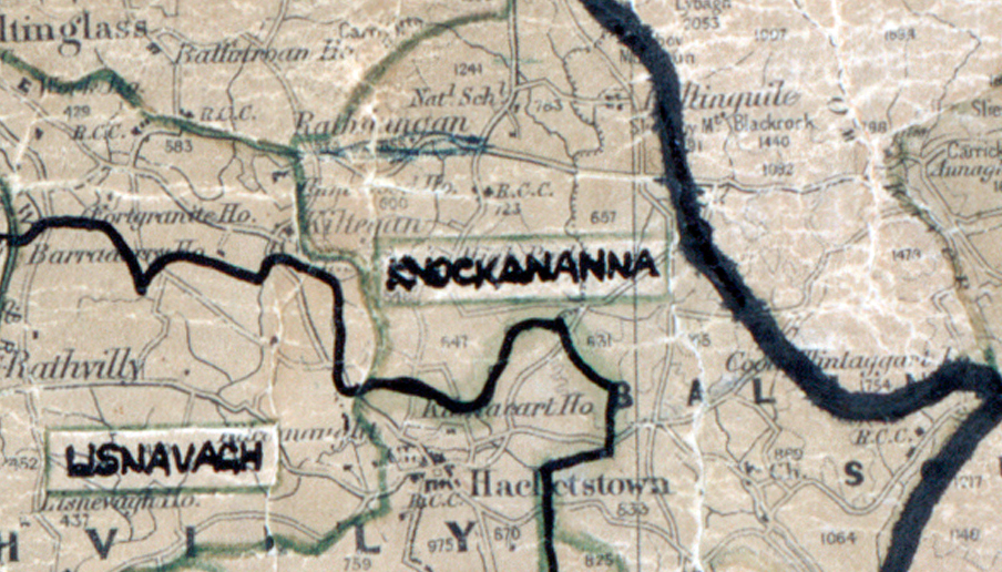 A scanned, worn historical map from the 1940s of the rural electrification area around Knockananna. A hand‑drawn boundary outlines the region, including Lisnavagh, Hacketstown, and Rathvilly.