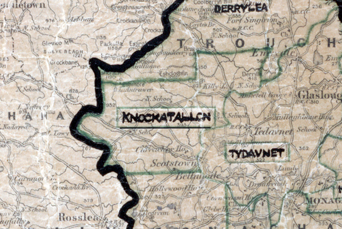 A scanned, worn historical map from the 1940s of the rural electrification area around Knockatallon. A hand‑drawn boundary outlines the region, including  Tydavnet, and Derrycea.