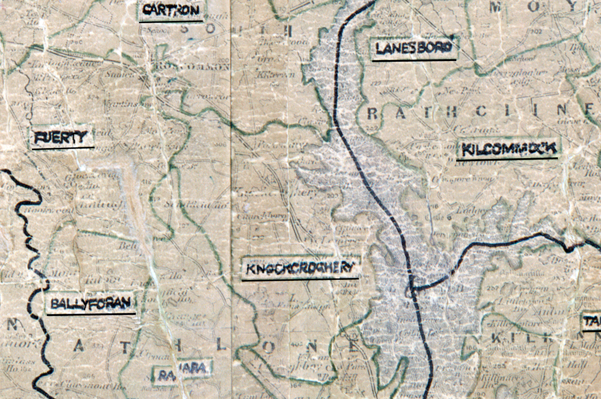 A scanned, worn historical map from the 1940s of the  rural electrification area around Knockcroghery. A hand‑drawn boundary outlines the region, including Cartron, Fuerty, Ballyforan, Lanesboro and Kilcommock.
