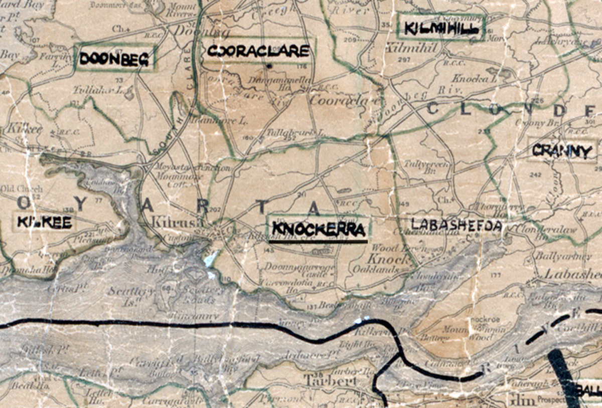 A scanned, worn historical map from the 1940s of the rural electrification area around Knockerra. A hand‑drawn boundary outlines the region, including Doonbeg, Kilkee, Cooraclare, Kilmihil, Labasheeda, and Cranny.