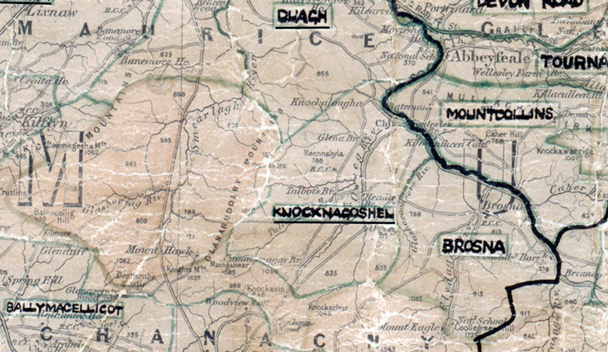 A scanned, worn historical map from the 1940s of the  rural electrification area around Knocknagoshel. A hand‑drawn boundary outlines the region, including Duagh, Mountcollins, Ballymacelligot and Brosna.
