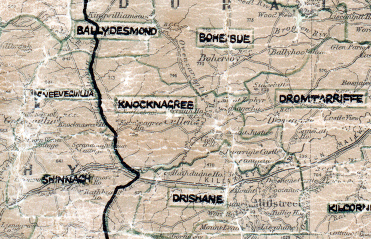 A scanned, worn historical map from the 1940s of the  	rural electrification area around Knocknagree. A hand‑drawn boundary outlines the region, including Ballydesmond, Boherbue, Dromtarriffe, Shinnagh and Drishane.