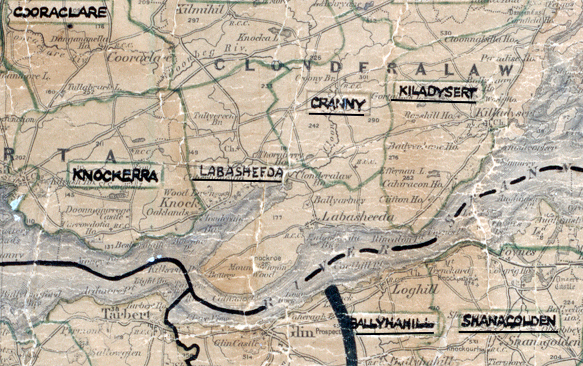 A scanned, worn historical map from the 1940s of the rural electrification area around Labasheeda. A hand‑drawn boundary outlines the region, including Cooraclare, Knockerra, Cranny, Kildysert, Ballynacally, and Shanagolden.