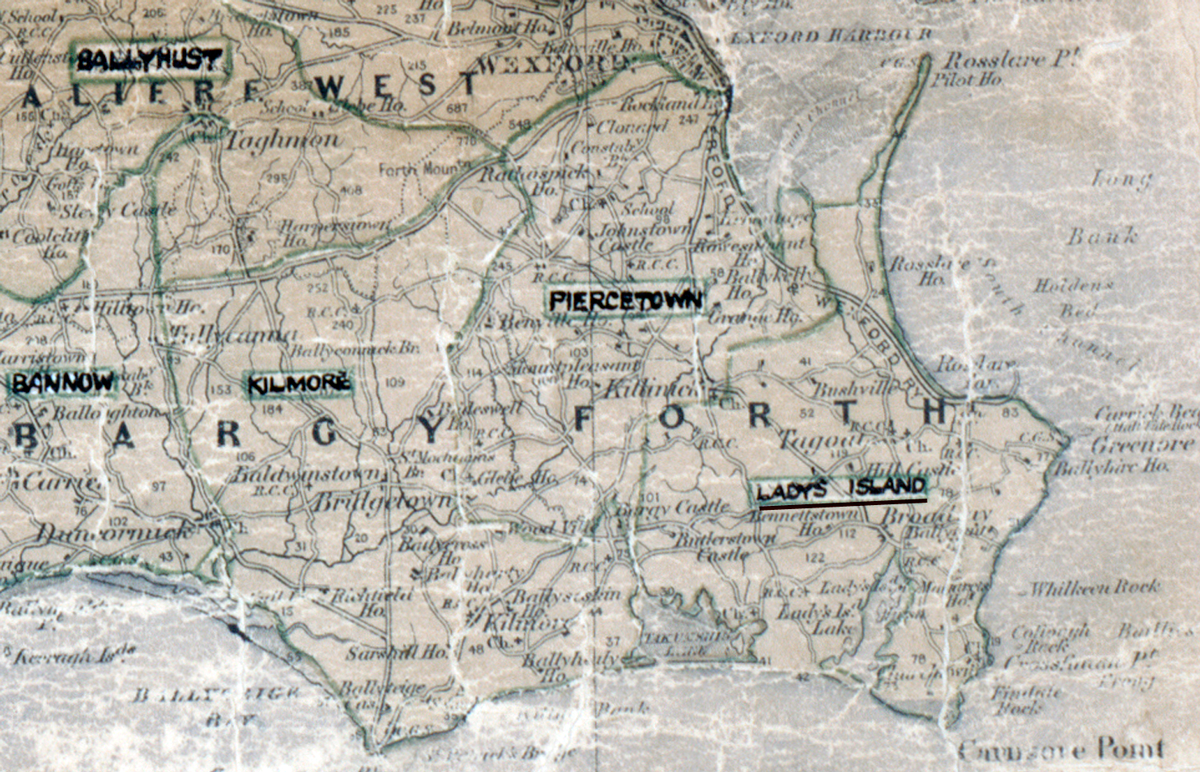A scanned, worn historical map from the 1940s of the rural electrification area around  Lady’s Island. A hand‑drawn boundary outlines the region, including Ballythomas, Kilmore, Piercetown, and Carnsore Point.