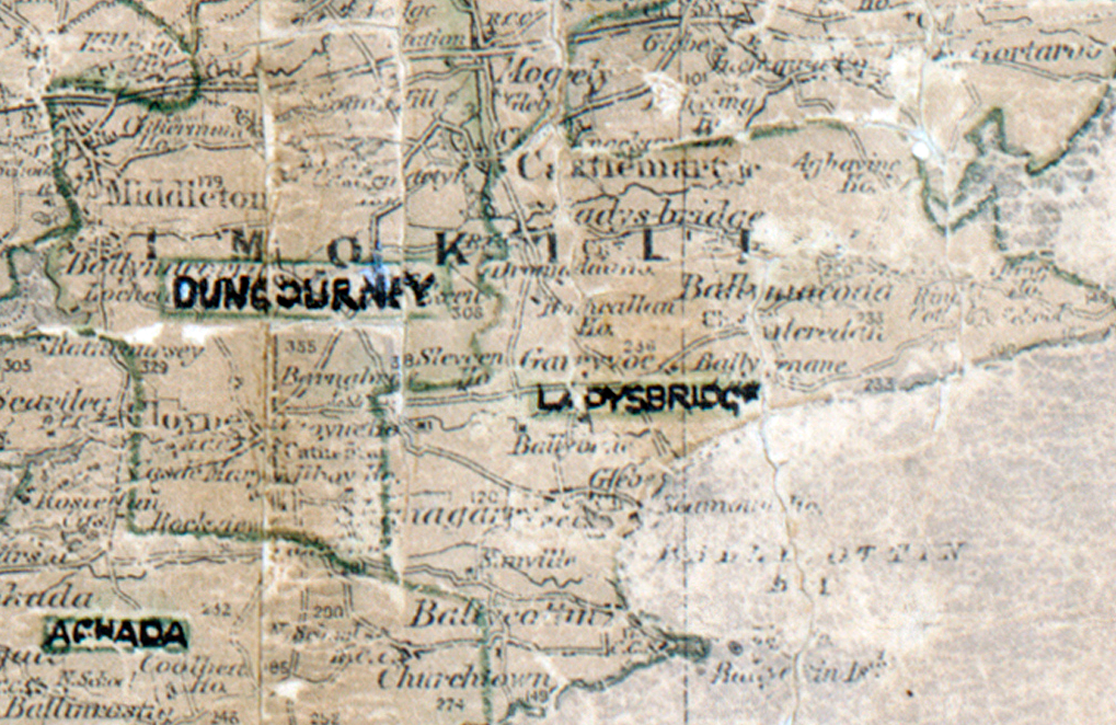 A scanned, worn historical map from the 1940s of the  rural electrification area around Ladysbridge. A hand‑drawn boundary outlines the region, including Dungourney and Aghada.