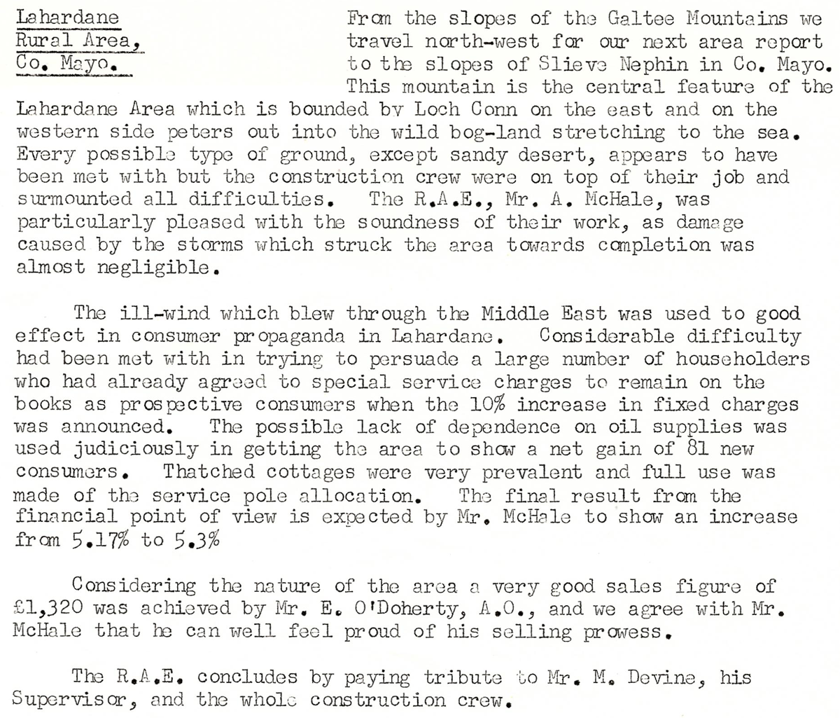 A scanned page from the ESB REO magazine about the Lahardane Rural Area