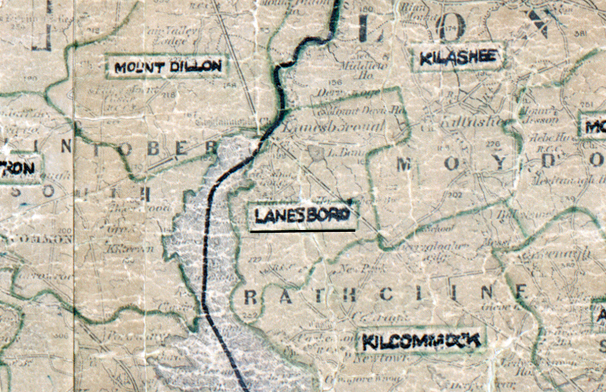 A scanned, worn historical map from the 1940s of the rural electrification area around Lanesboro. A hand‑drawn boundary outlines the region, including Mount Dillon, Rathcline, Kilcommock, and Killashesh.