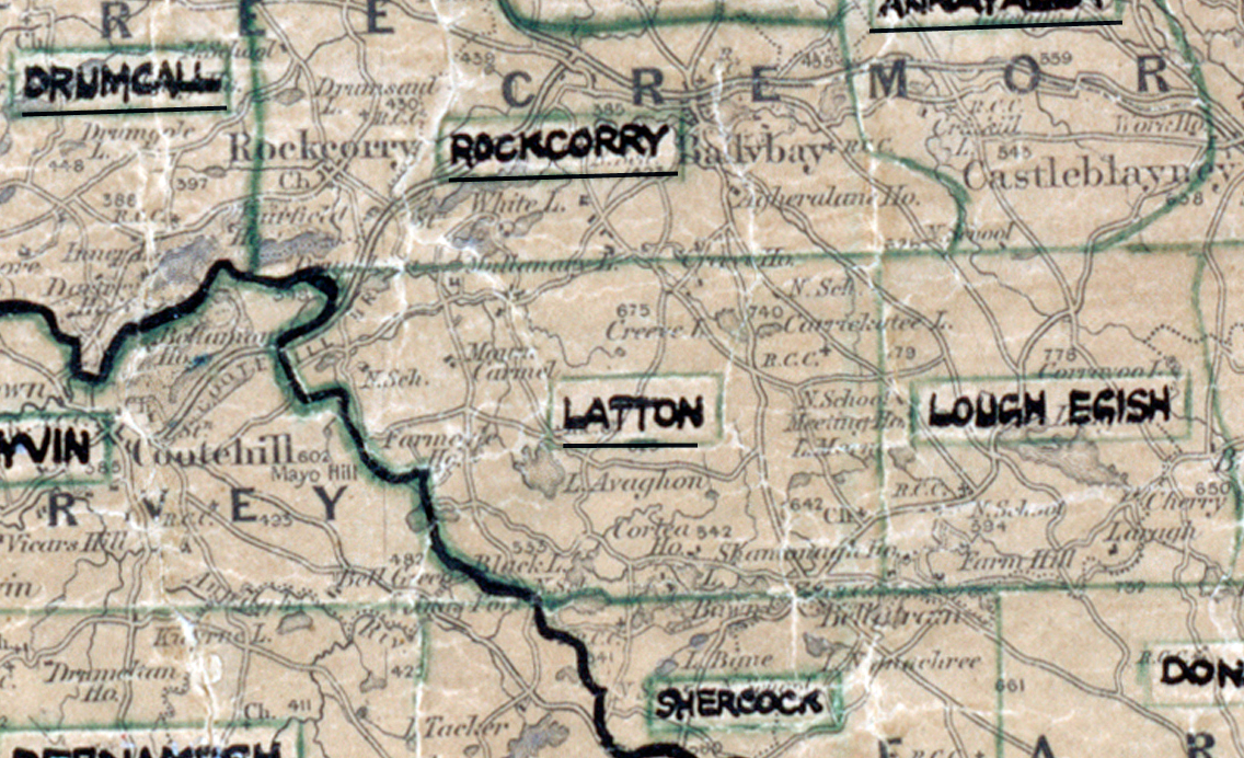 A scanned, worn historical map from the 1940s of the rural electrification area around Latton. A hand‑drawn boundary outlines the region, including Drumcall, Rockcorry, Lough Egish, and Shercock.