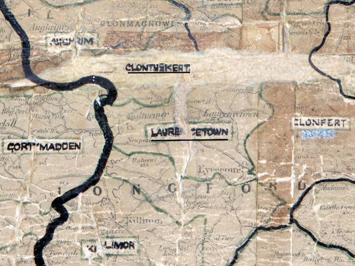 A scanned, worn historical map from the 1940s of the rural electrification area around Laurencetown. A hand‑drawn boundary outlines the region, including Clontuskert, Clonfert, and Gortymadden.