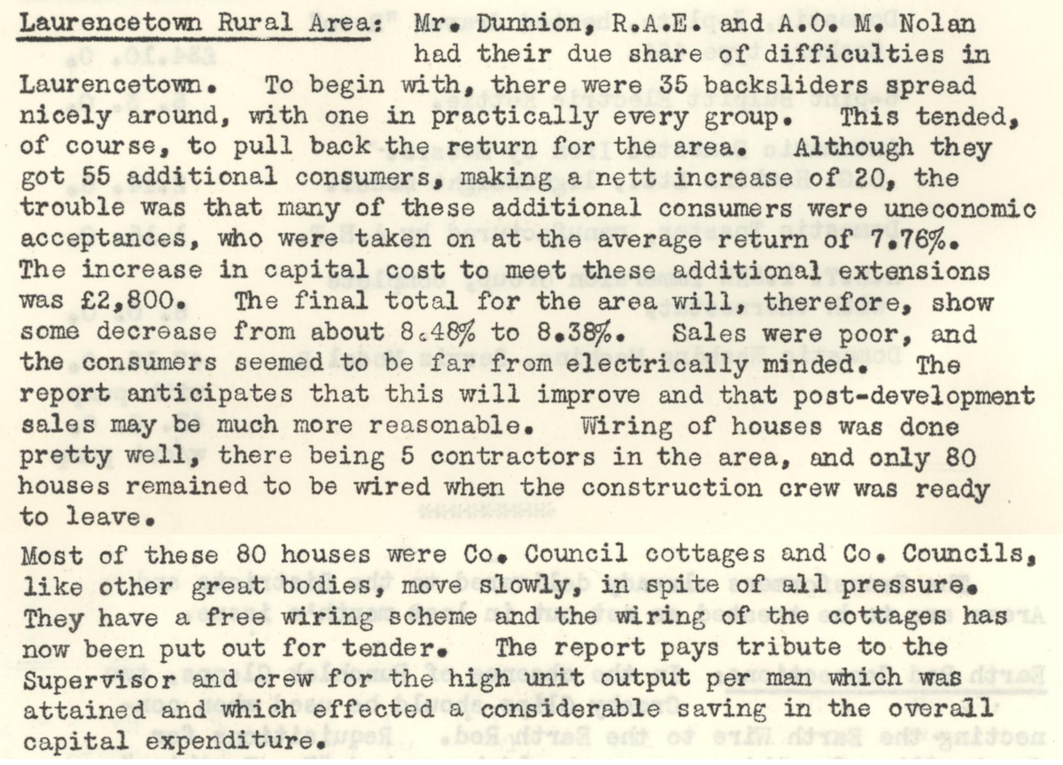A scanned page from the ESB REO magazine about the Laurencetown Rural Area
