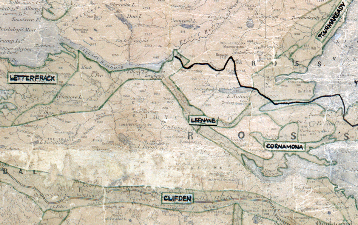 A scanned, worn historical map from the 1940s of the rural electrification area around Leenane. A hand‑drawn boundary outlines the region, including Letterfrack, Cornamona, and Clifden.
