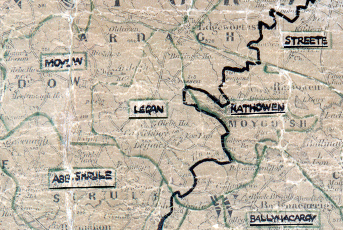 A scanned, worn historical map from the 1940s of the rural electrification area around Legan. A hand‑drawn boundary outlines the region, including Moydow, Streete, Rathowen, Abbeyshrule, and Ballymacarry.
