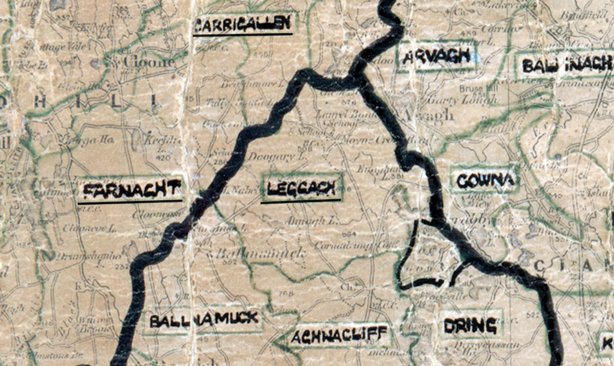 A scanned, worn historical map from the 1940s of the rural electrification area around Legga. A hand‑drawn boundary outlines the region, including Carrigallen, Farnaught, Ballinamuck, Aghnacliff, Gowna, Dring, and Arvagh.