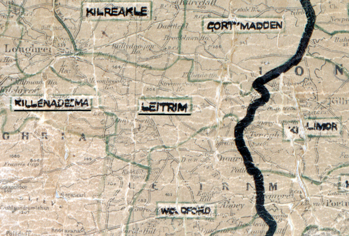 A scanned, worn historical map from the 1940s of the rural electrification area around Leitrim. A hand‑drawn boundary outlines the region, including Kilreacle, Gortymadden, and Killenadema.