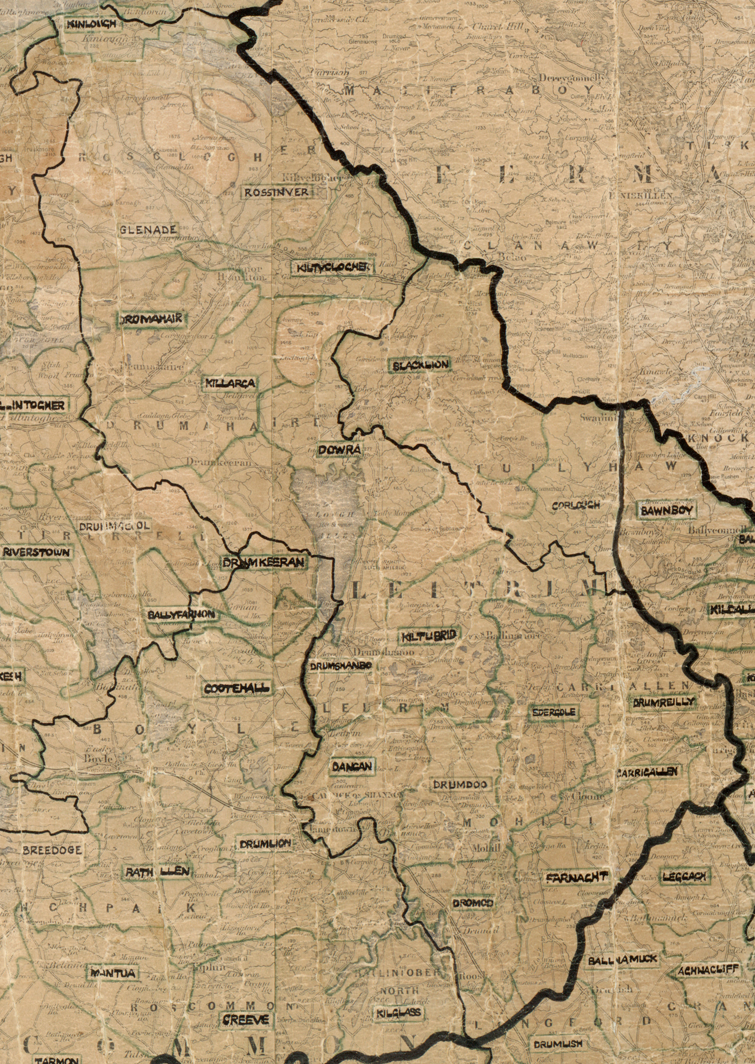 Map showing rural electrification area boundaries across County Leitrim.
