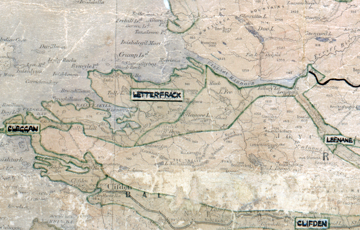 A scanned, worn historical map from the 1940s of the rural electrification area around&nbsp;Letterfrack. A hand‑drawn boundary outlines the region, including Cleggan, Leenane, and Clifden.