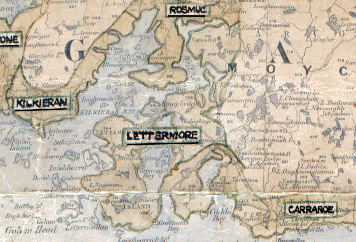 A scanned, worn historical map from the 1940s of the rural electrification area around Lettermore. A hand-drawn boundary outlines the region.