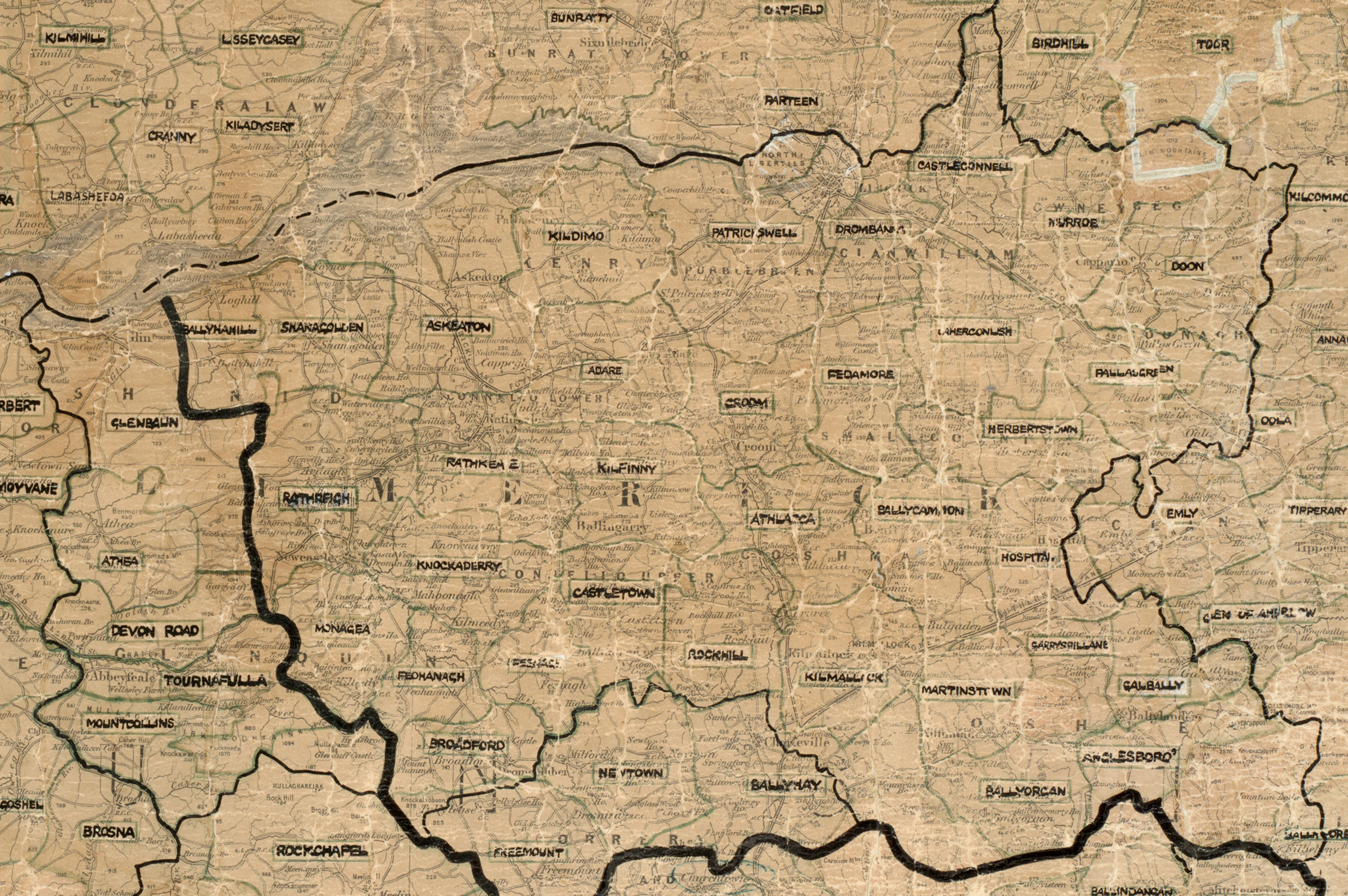 Map showing rural electrification area boundaries across County Limerick.