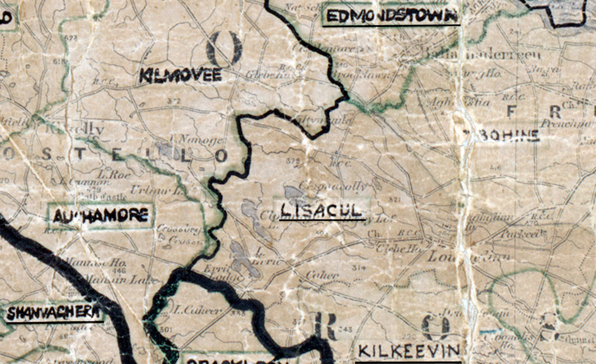 A scanned, worn historical map from the 1940s of the  	rural electrification area around Lisacul. A hand‑drawn boundary outlines the region, including Kilmovee, Edmonstown, Aushamore, Lisacul and Kilkeevin.