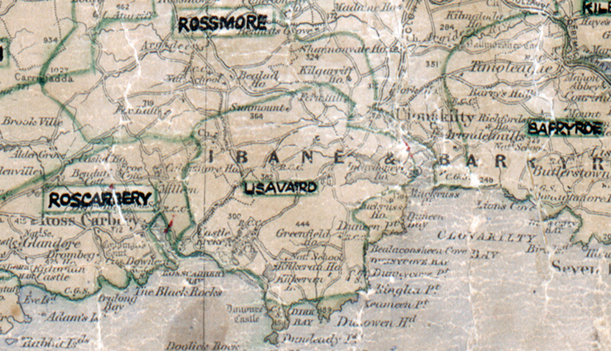 A scanned, worn historical map from the 1940s of the  rural electrification area around Lisavaird. A hand‑drawn boundary outlines the region, including Rossmore, Roscarbery and Barryroe.