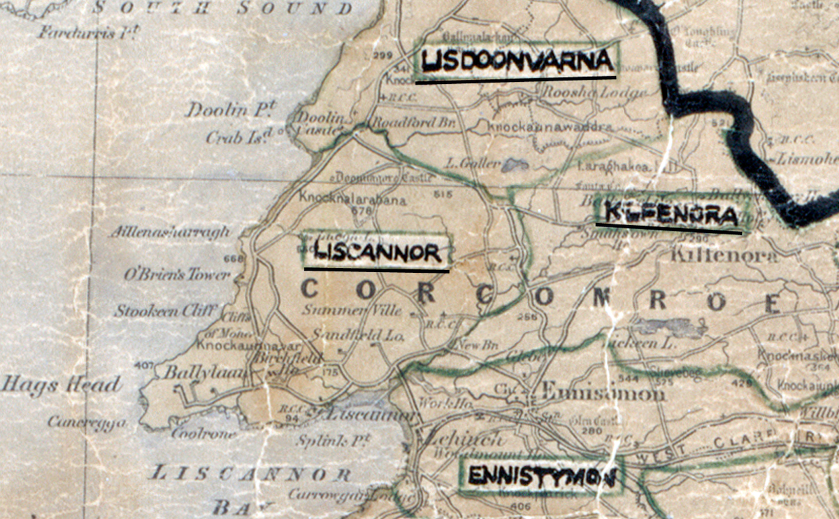 A scanned, worn historical map from the 1940s of the rural electrification area around Liscannor. A hand‑drawn boundary outlines the region, including Lisdoonvarna, Kilfenora, and Ennistymon.