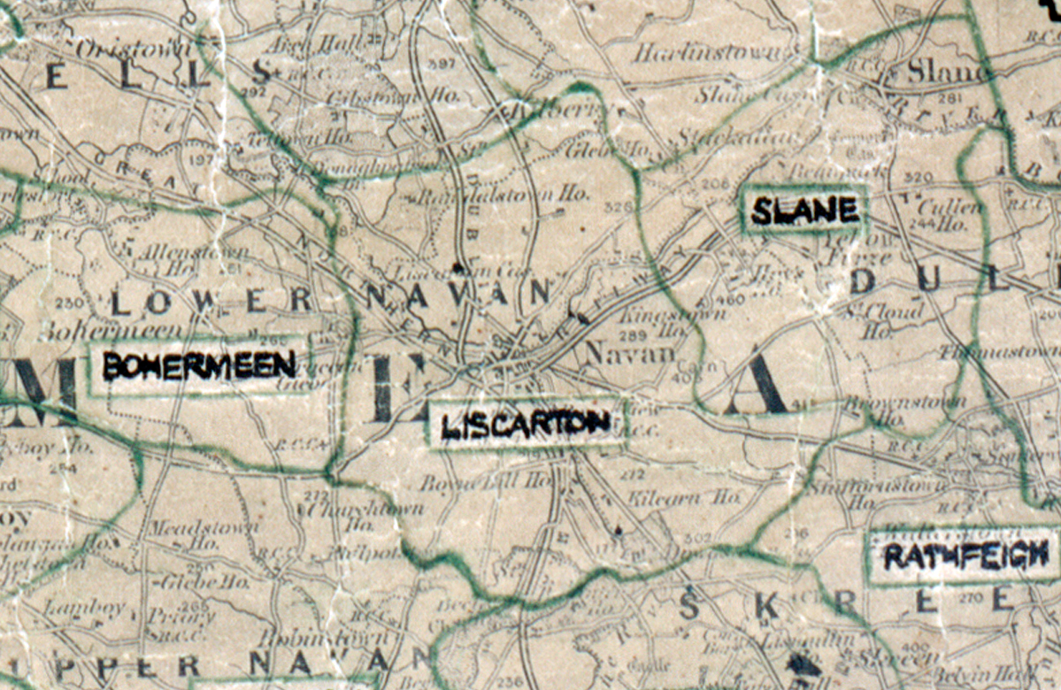 A scanned, worn historical map from the 1940s of the  	rural electrification area around Liscarton. A hand‑drawn boundary outlines the region, including Slane, Bohermeen and Rathfeigh.