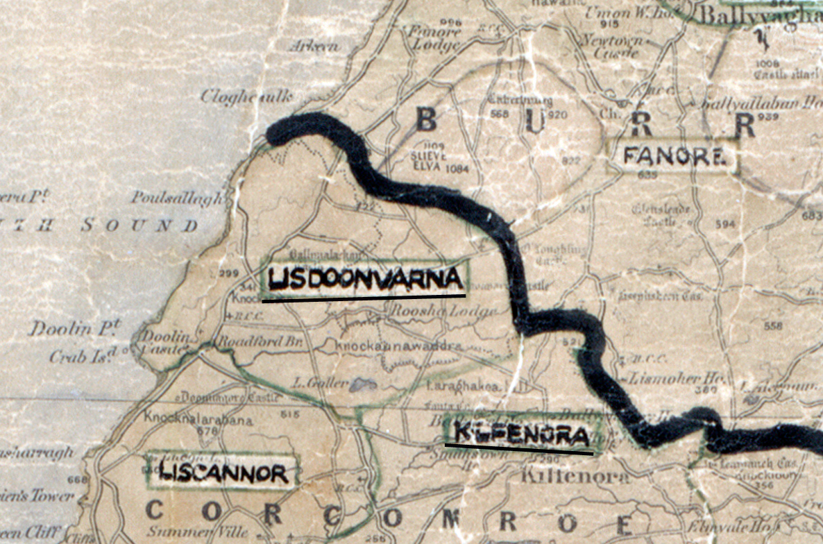 A scanned, worn historical map from the 1940s of the rural electrification area around Lisdoonvarna. A hand‑drawn boundary outlines the region, including Fanore, Kilfenora, and Liscannor.