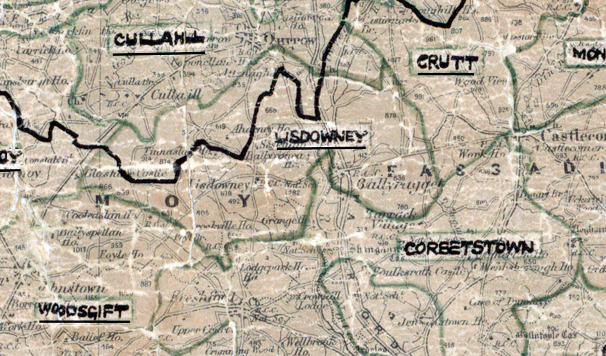 A scanned, worn historical map from the 1940s of the  rural electrification area around Lisdowney. A hand‑drawn boundary outlines the region, including Cullahill, Crutt, Coreetstown and Woosgift.
