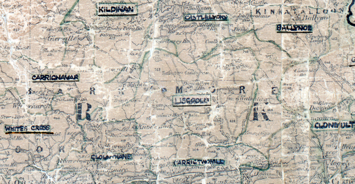 A scanned, worn historical map from the 1940s of the  rural electrification area around Lisgoold. A hand‑drawn boundary outlines the region, including Kildinan, Castlelyons, Ballynoe, Carrignavar, Clonmult, White cross and Carrigtwohill.