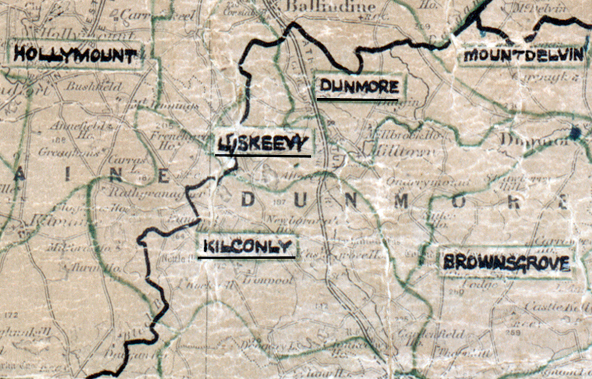 A scanned, worn historical map from the 1940s of the rural electrification area around Liskeevy. A hand‑drawn boundary outlines the region, including Hollymount, Dunmore, Kilconly, Brownsrove, and Mountdelvin.