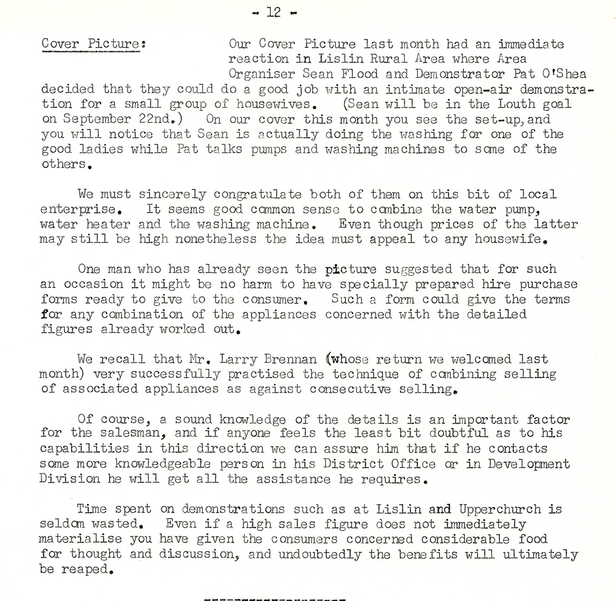 Article discussing an outdoor appliance demonstration in the Lislin rural area and the promotion of water pumps, water heaters and washing machines to household consumers.